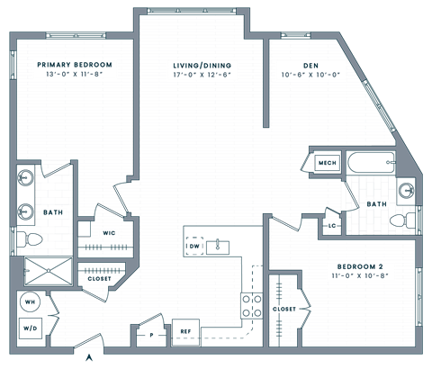 Floor plan for 2 beds, 2 baths, 1265 sqft