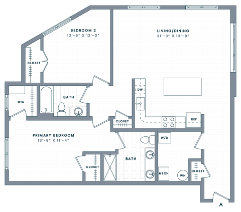 Floor plan for 2 beds, 2 baths, 1281 sqft