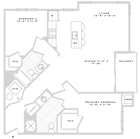 Floor plan for 2 beds, 2 baths, 1175 sqft