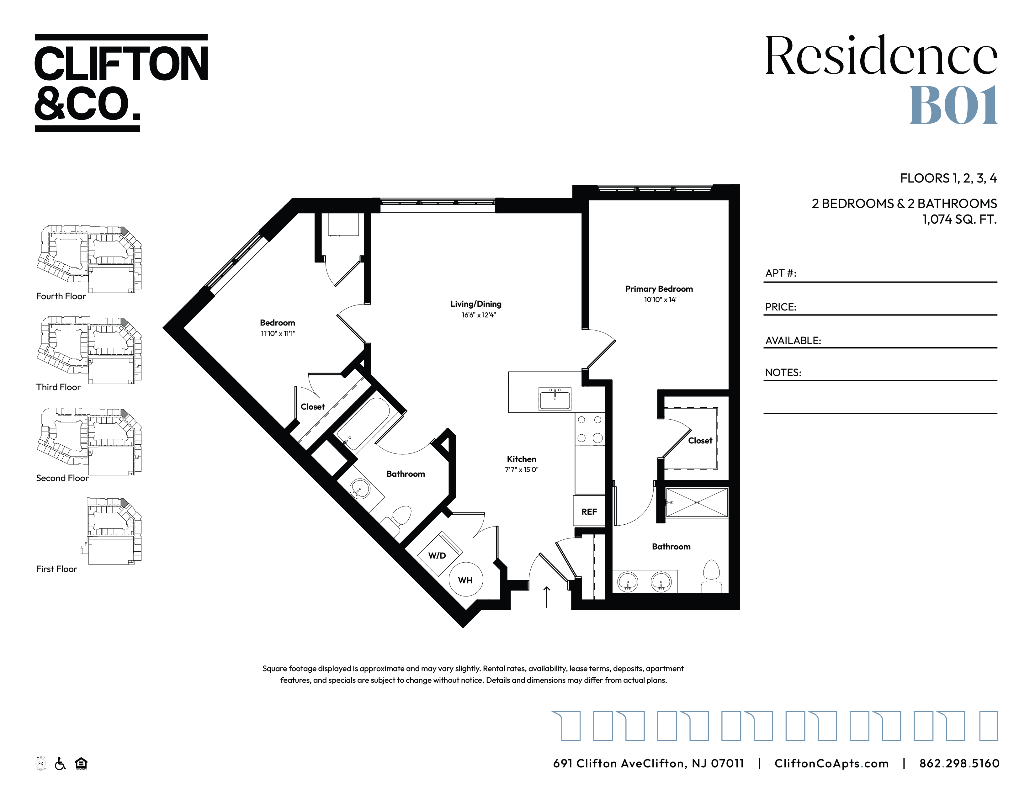Floor plan for 2 beds, 2 baths, 1074 sqft