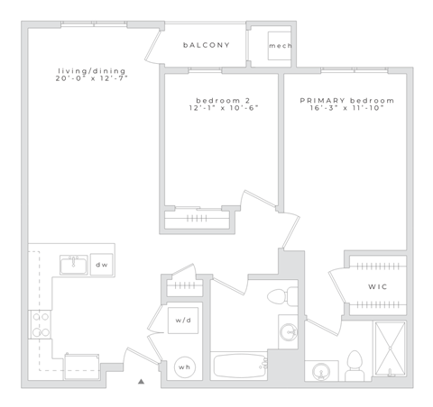 Floor plan for 2 beds, 2 baths, 1000 sqft