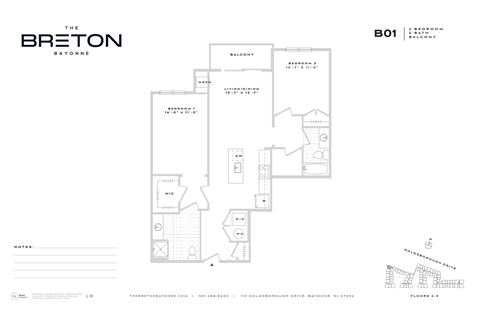 Floor plan for 2 beds, 2 baths, 954 sqft