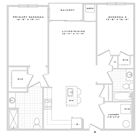 Floor plan for 2 beds, 2 baths, 1160 sqft