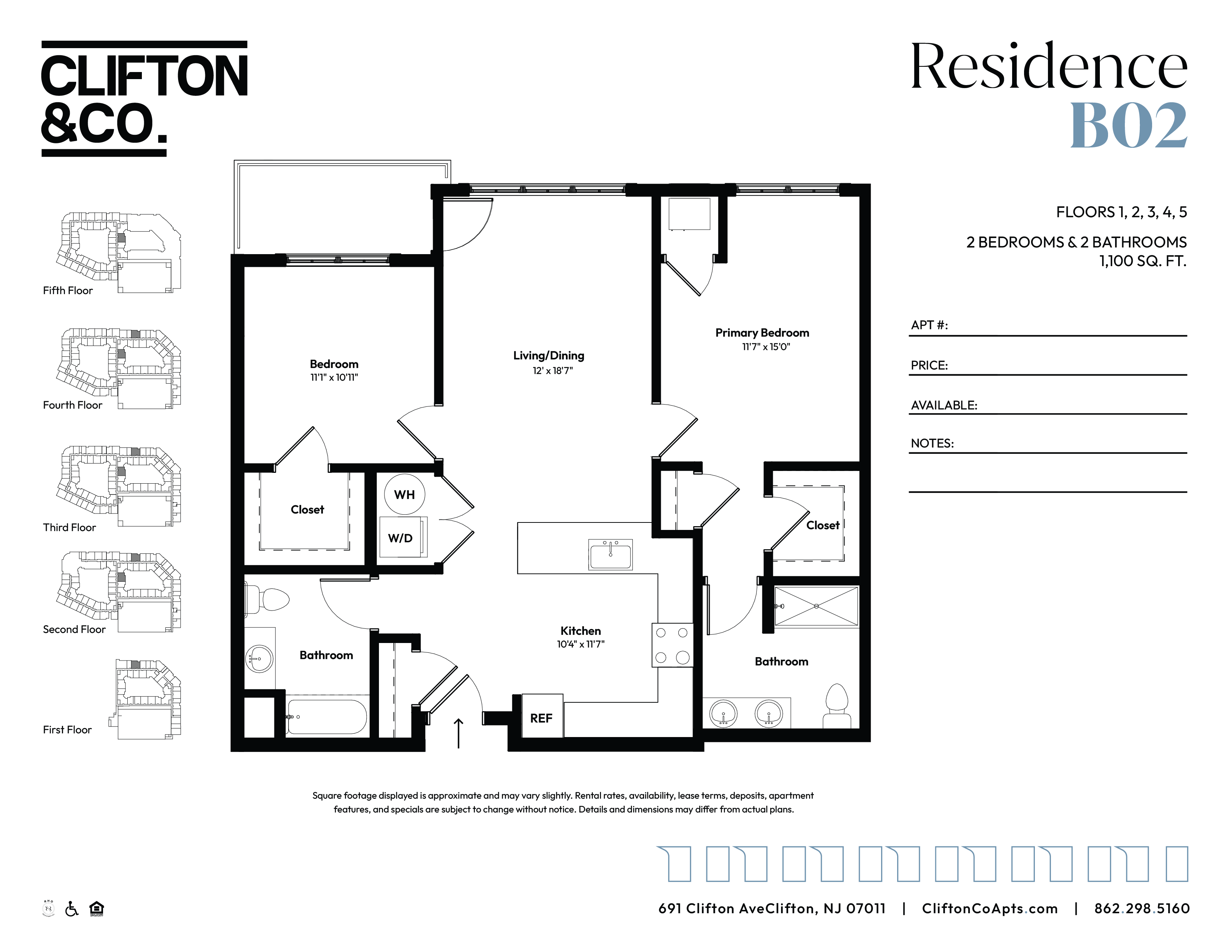 Floor plan for 2 beds, 2 baths, 1100 sqft