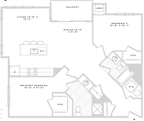 Floor plan for 2 beds, 2 baths, 1167 sqft