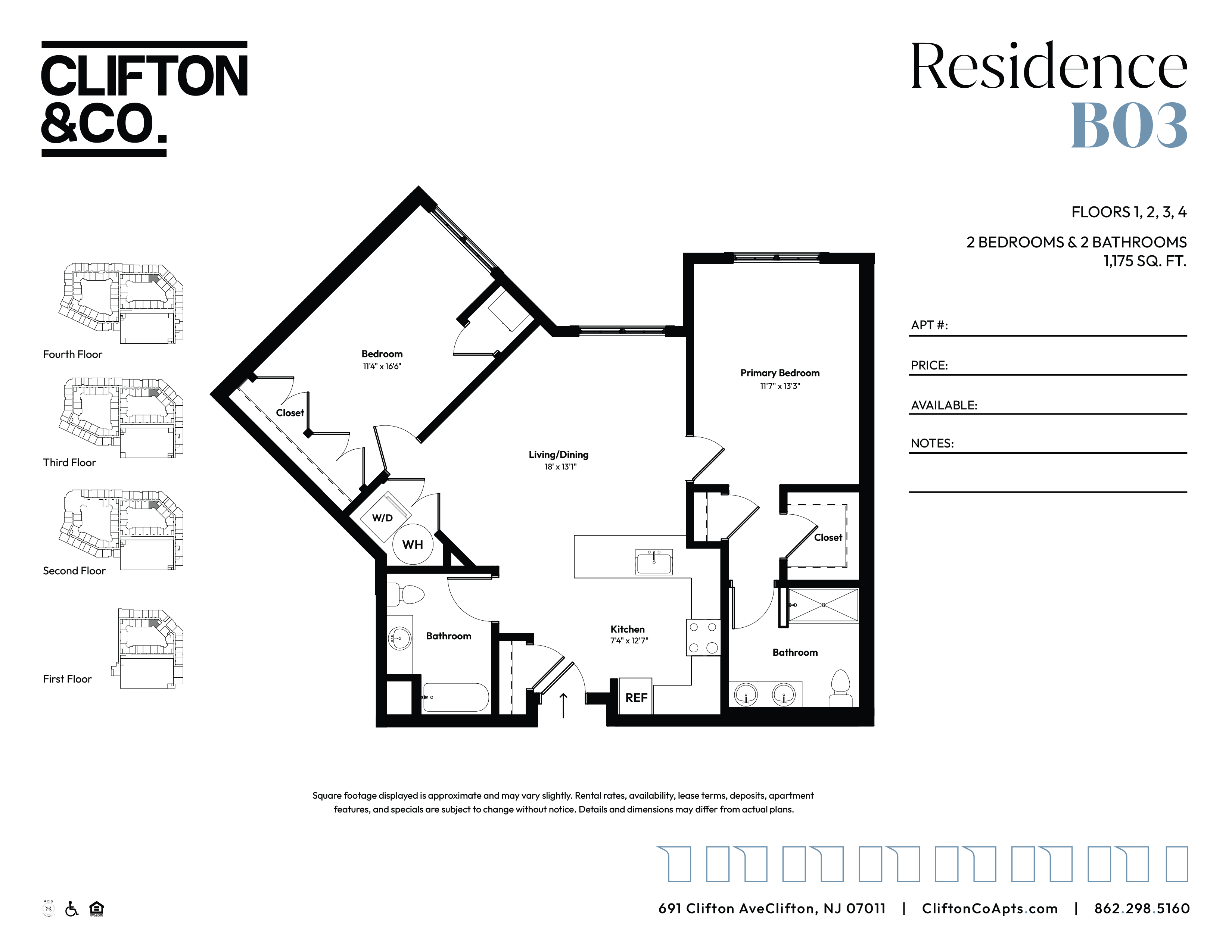Floor plan for 2 beds, 2 baths, 1175 sqft
