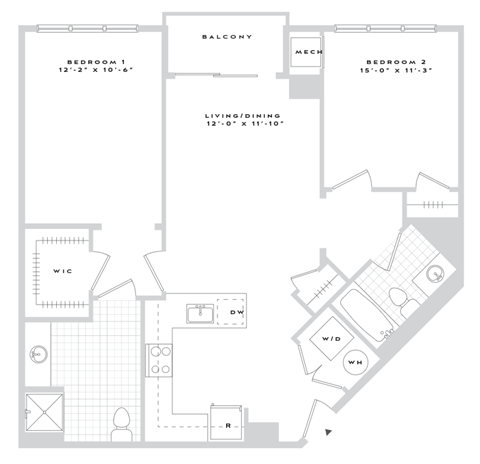 Floor plan for 2 beds, 2 baths, 1040 sqft
