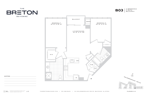 Floor plan for 2 beds, 2 baths, 1040 sqft