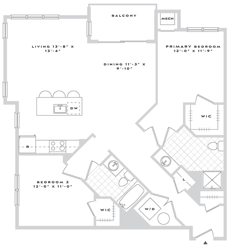 Floor plan for 2 beds, 2 baths, 1201 sqft
