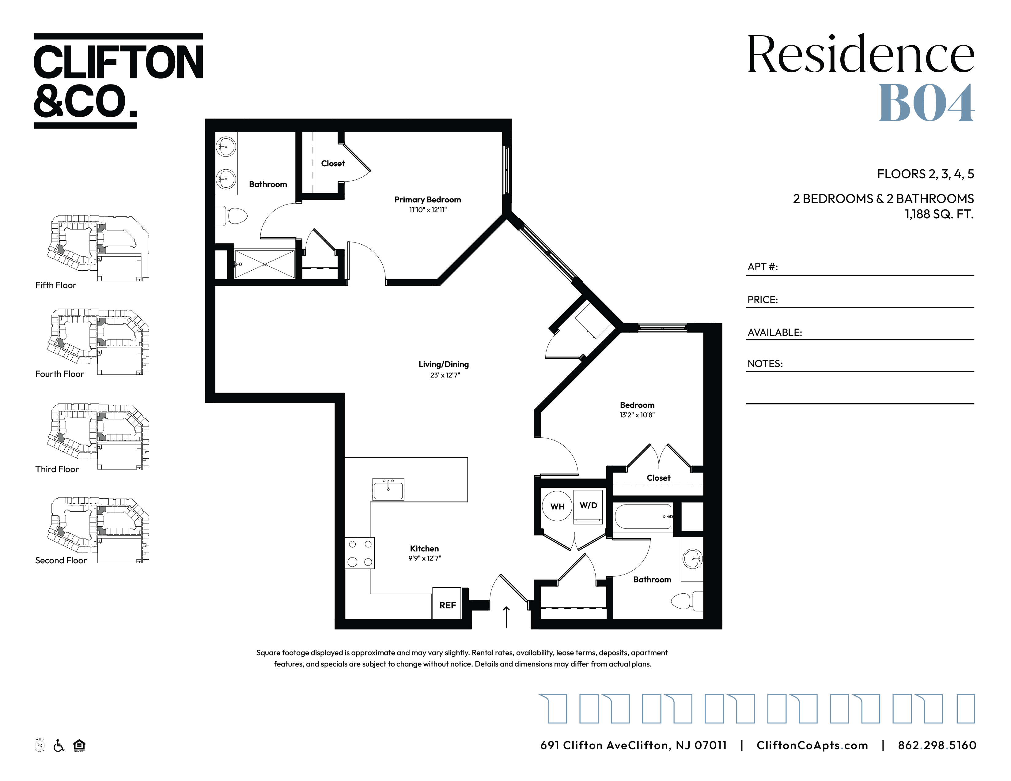 Floor plan for 2 beds, 2 baths, 1188 sqft