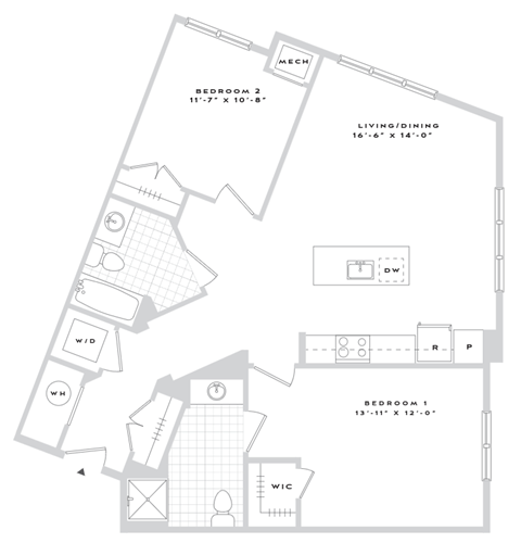 Floor plan for 2 beds, 2 baths, 1113 sqft