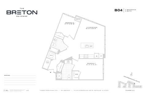 Floor plan for 2 beds, 2 baths, 1113 sqft