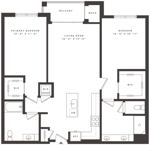 Floor plan for 2 beds, 2 baths, 1275 sqft
