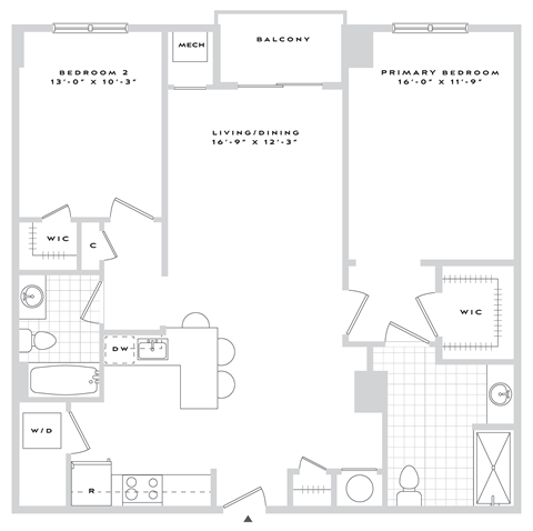 Floor plan for 2 beds, 2 baths, 1173 sqft