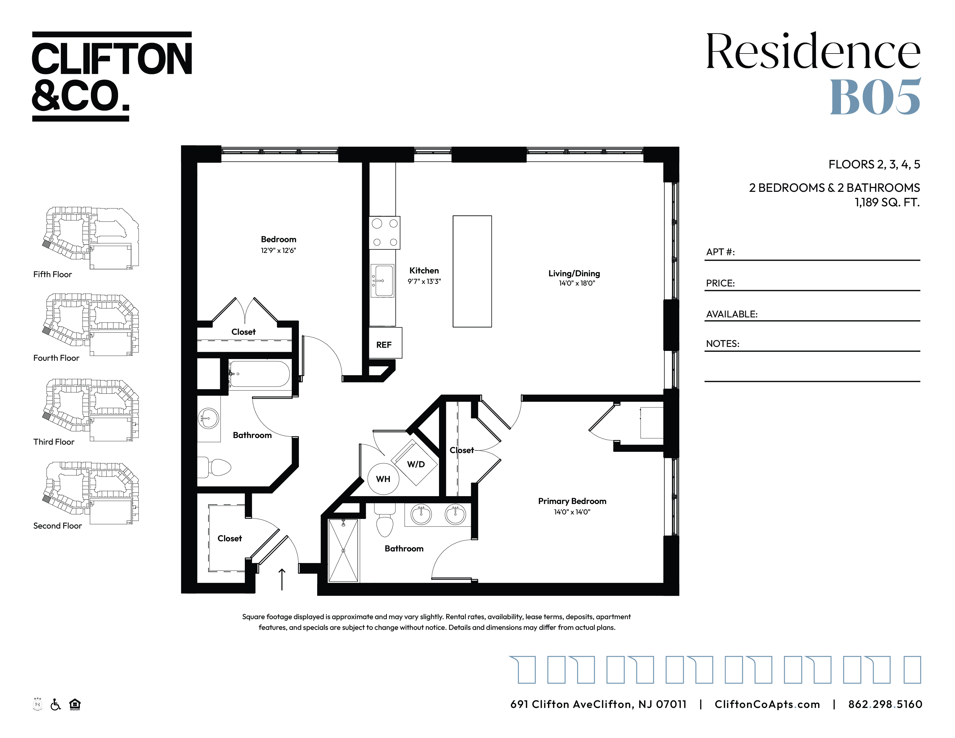 Floor plan for 2 beds, 2 baths, 1189 sqft