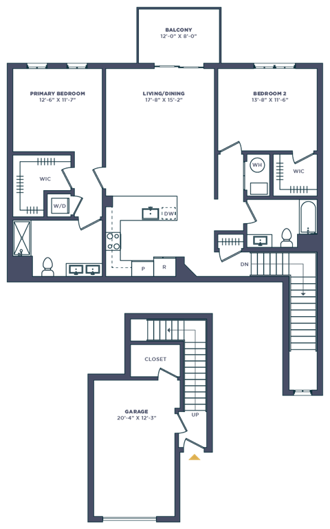Floor plan for 2 beds, 2 baths, 1392 sqft