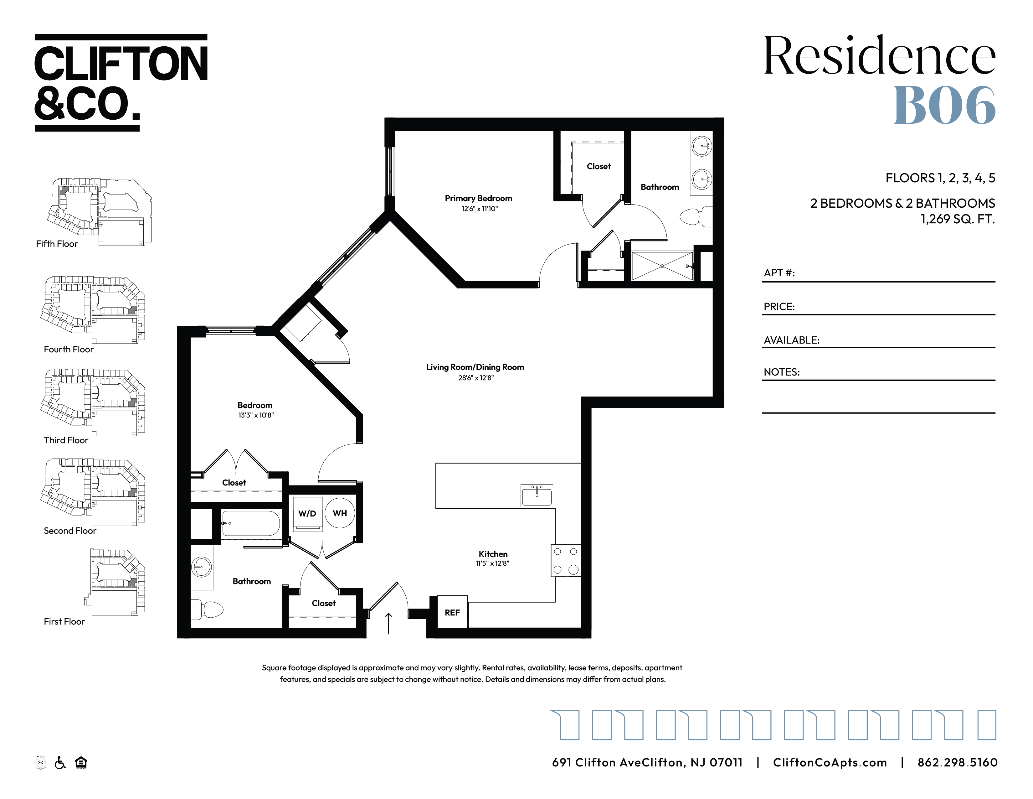 Floor plan for 2 beds, 2 baths, 1269 sqft
