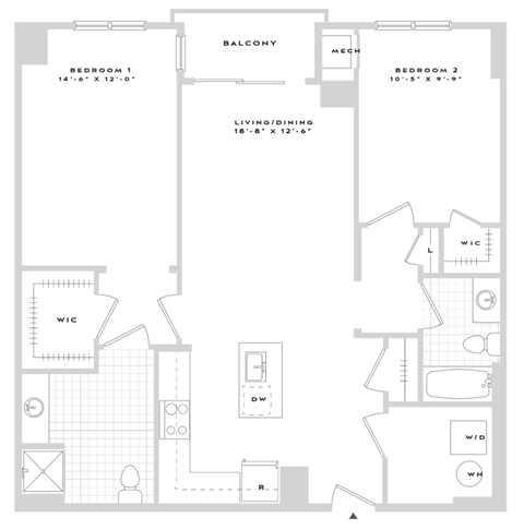 Floor plan for 2 beds, 2 baths, 1173 sqft