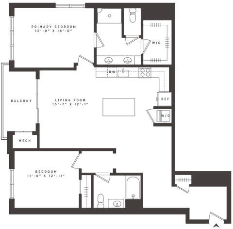 Floor plan for 2 beds, 2 baths, 1354 sqft