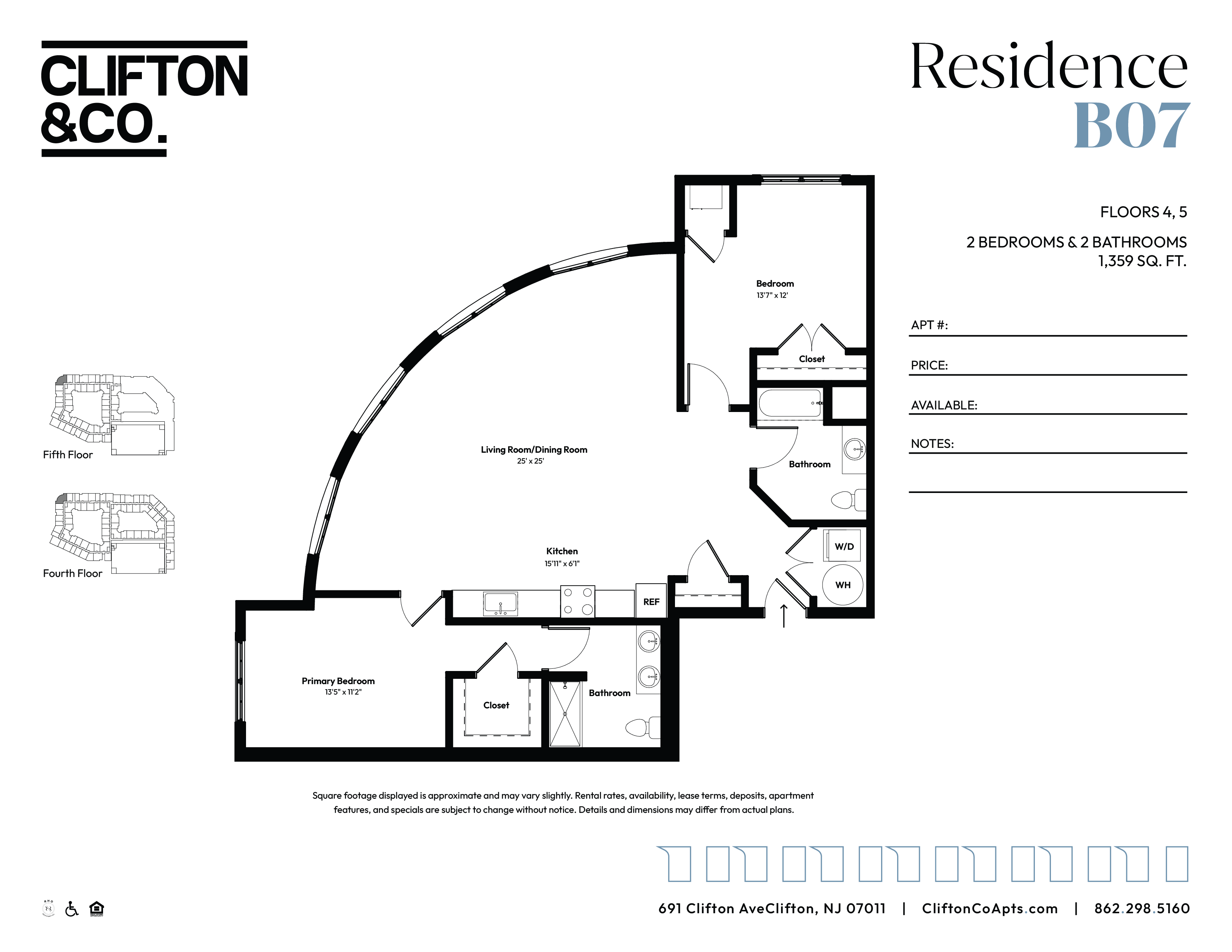 Floor plan for 2 beds, 2 baths, 1359 sqft