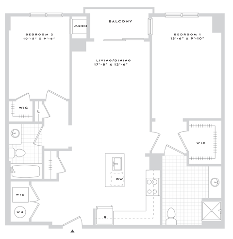 Floor plan for 2 beds, 2 baths, 1158 sqft