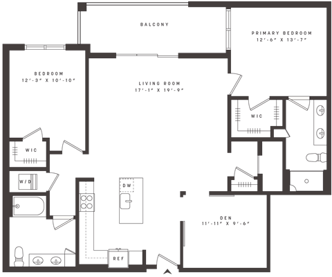 Floor plan for 2 beds, 2 baths, 1455 sqft