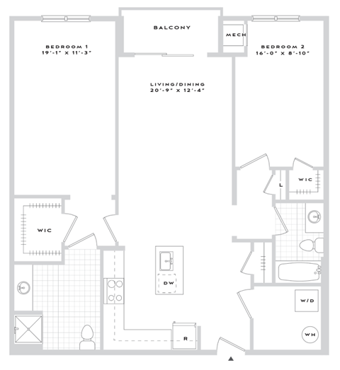 Floor plan for 2 beds, 2 baths, 1254 sqft