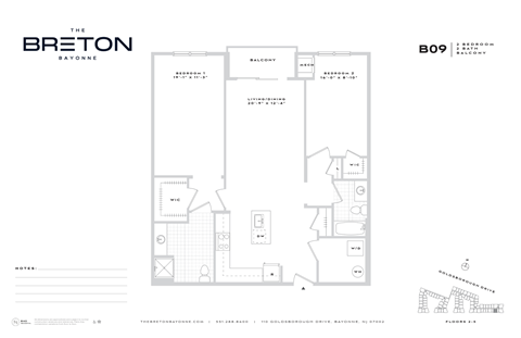 Floor plan for 2 beds, 2 baths, 1254 sqft
