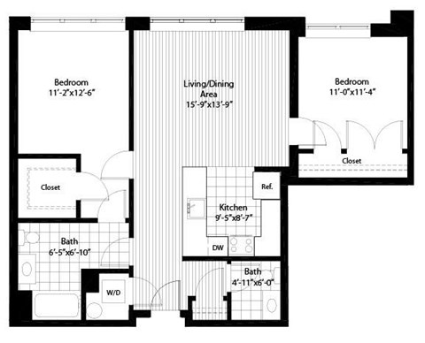 Floor plan for 2 beds, 1 bath, 983 sqft