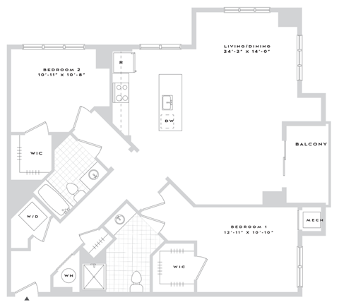 Floor plan for 2 beds, 2 baths, 1331 sqft