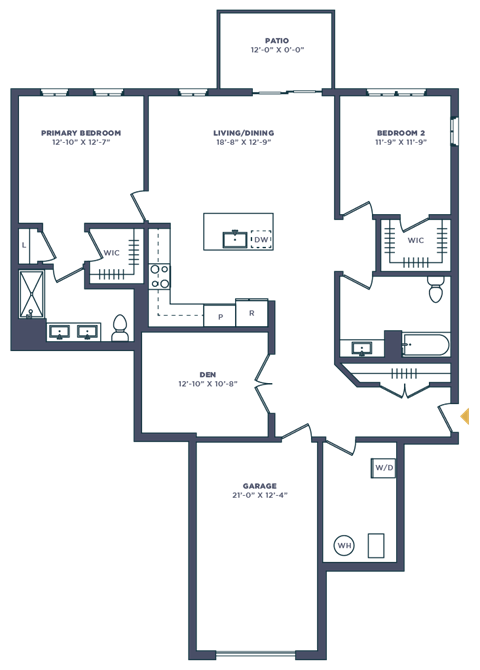 Floor plan for 2 beds, 2 baths, 1537 sqft