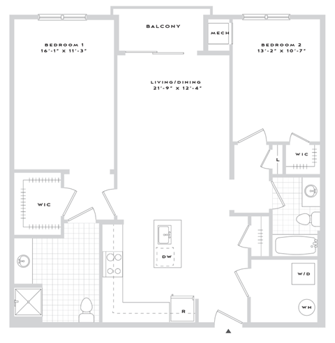 Floor plan for 2 beds, 2 baths, 1286 sqft