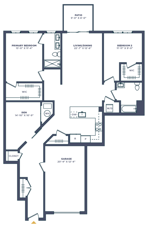 Floor plan for 2 beds, 2 baths, 1601 sqft