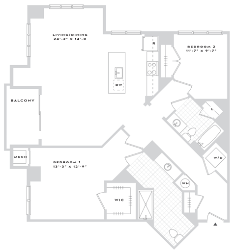 Floor plan for 2 beds, 2 baths, 1382 sqft