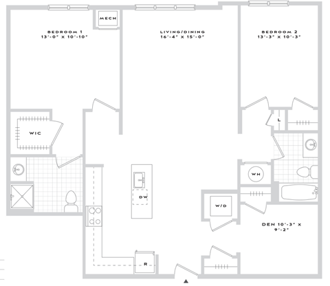 Floor plan for 2 beds, 2 baths, 1375 sqft