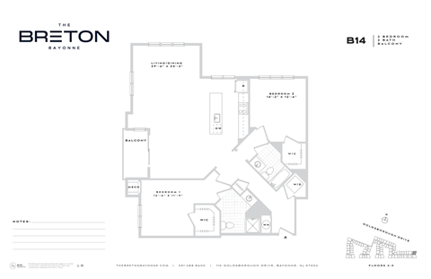 Floor plan for 2 beds, 2 baths, 1464 sqft