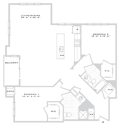 Floor plan for 2 beds, 2 baths, 1464 sqft