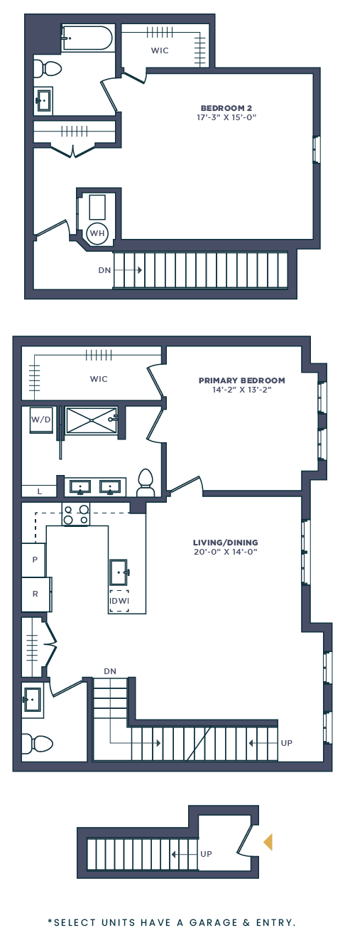 Floor plan for 2 beds, 2.5 baths, 1683 sqft