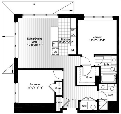 Floor plan for 2 beds, 2 baths, 977 sqft