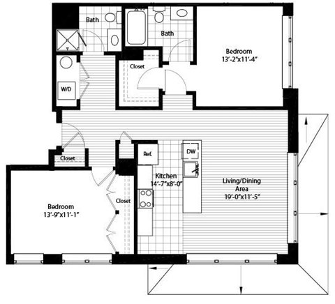 Floor plan for 2 beds, 2 baths, 1079 sqft
