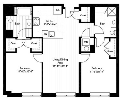 Floor plan for 2 beds, 2 baths, 1094 sqft