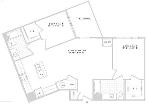 Floor plan for 2 beds, 2 baths, 1113 sqft