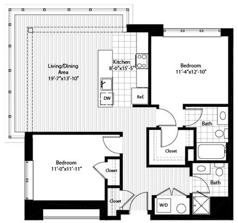 Floor plan for 2 beds, 2 baths, 1108 sqft