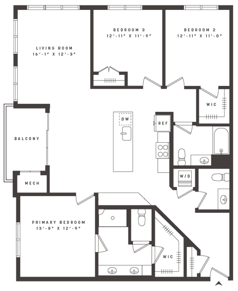 Floor plan for 3 beds, 2 baths, 1633 sqft