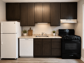 Madison apartment for rent - A kitchen with brown cabinets and a black stove.