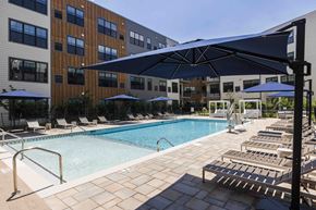 Clifton apartment for rent - A large outdoor swimming pool surrounded by sun loungers and umbrellas.