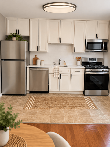Madison apartment for rent - A kitchen with a refrigerator, oven, and microwave.