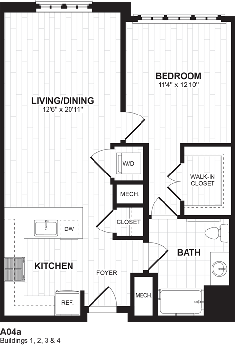 Floor plan for 1 bed, 1 bath, 819 sqft