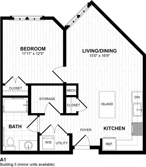 Floor plan for 1 bed, 1 bath, 731 sqft