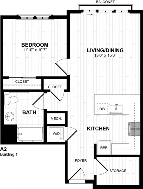 Floor plan for 1 bed, 1 bath, 734 sqft
